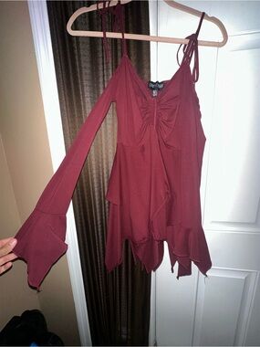 Current Mood Burgundy Cold-Shoulder Ruffle Mini Dress